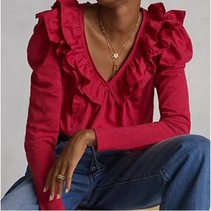 NWT! Super Cute! Anthropologie Ruffle Neckline V Neck top